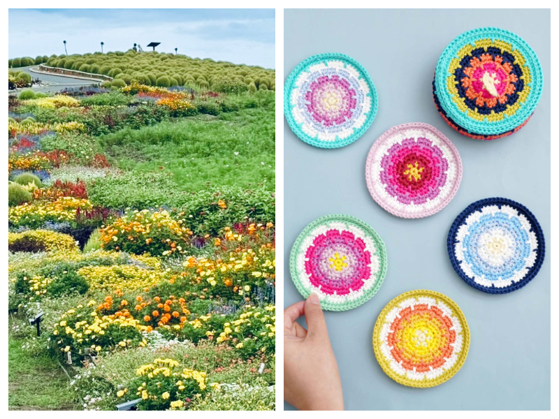 お花畑とお花をイメージしたかぎ針編みのコースター
